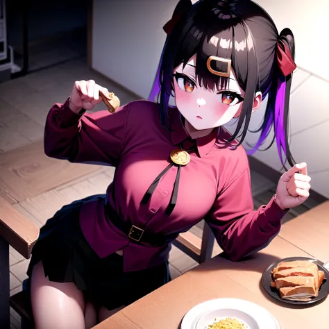 mihari_olis, 1girl, solo, red shirt, bolo tie, black skirt, black belt, on back, holding food, chair, on chair, table, plate, bottle, indoors