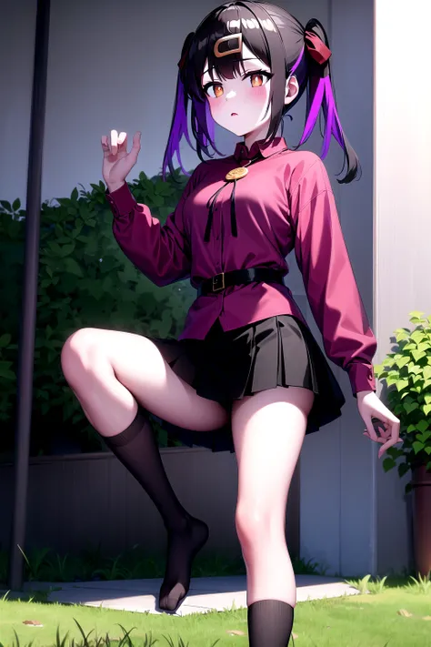 mihari_olis, 1girl, solo, red shirt, bolo tie, black skirt, black belt, black socks, outdoors