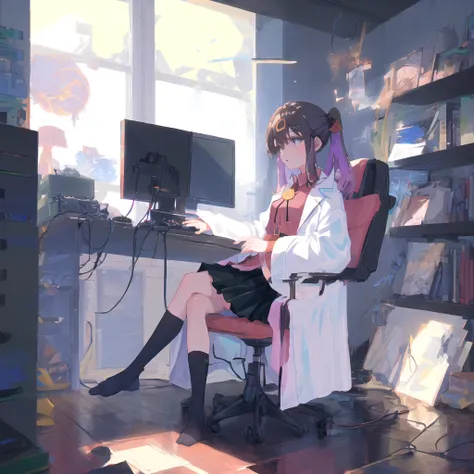 mihari_olis, 1girl, solo, red shirt, bolo tie, black skirt, black belt, labcoat, black socks, chair, crossed legs, reading, book, computer, monitor, keyboard \(computer\)