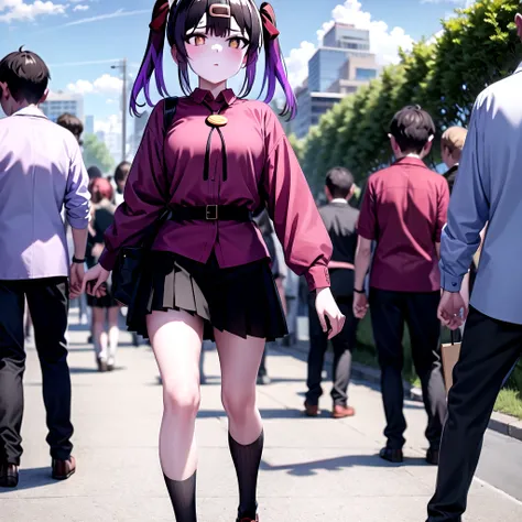mihari_olis, red shirt, bolo tie, black skirt, black belt, black socks, outdoors, walking, looking away
BREAK
crowd
