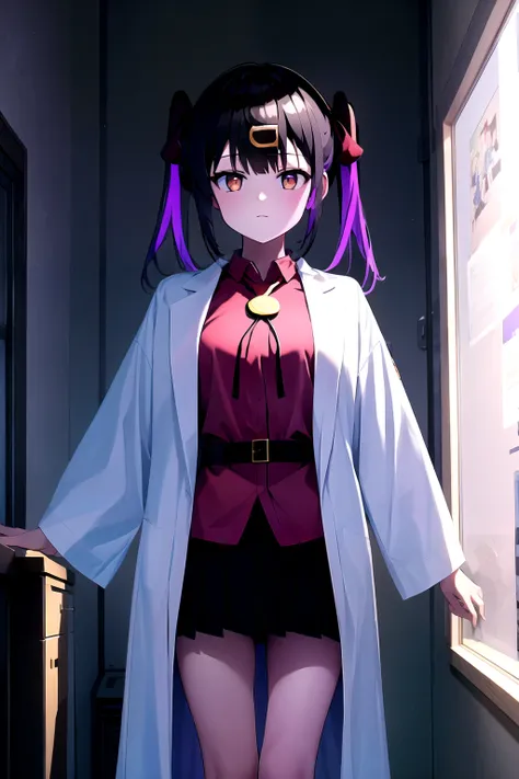 mihari_olis, 1girl, solo, red shirt, bolo tie, black skirt, black belt, labcoat
BREAK
indoors, dark room, night, dark background