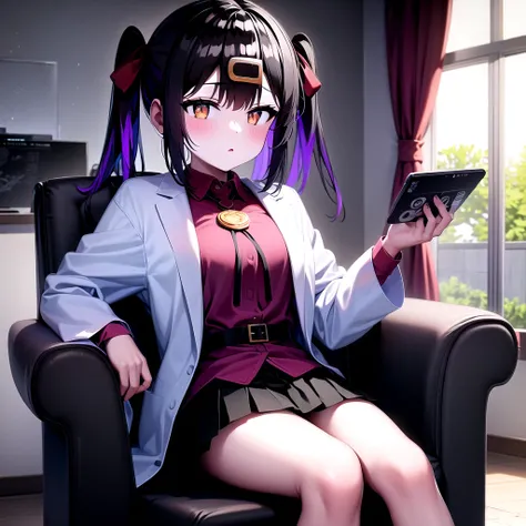 mihari_olis, 1girl, solo, red shirt, bolo tie, black skirt, black belt, labcoat, sitting, chair, watching television