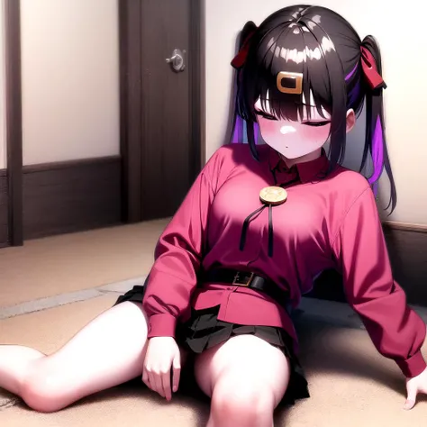 mihari_olis, 1girl, solo, red shirt, bolo tie, black skirt, black belt, drunk, sakazuki, sleeping, floor, indoors