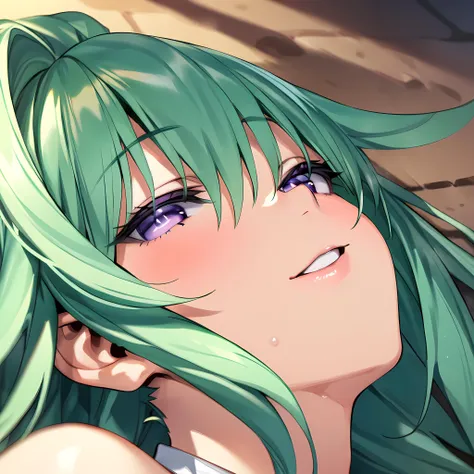 (masterpiece),(best quality),(ultra-detailed),(best illustration),(best shadow),(absurdres),(detailed background),(very aesthetic), green heart, whiteform, 1girl, solo, purple eyes, green hair, looking at viewer, close-up, parted lips, long hair, blush, portrait, symbol-shaped pupils, hair between eyes, seductive smile<lora:greenheartv1:1>