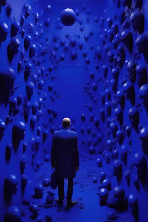 <lora:Yves Klein Style:1>Yves Klein Style - photo of heroes journey through darkness into awakening consciousness. In style of gerhard richter and yves klein blue objects of desire and christian jakowleff and sebastiao salgado