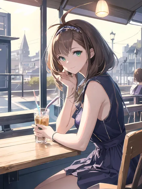 masterpiece,best quality,highres,cinematic lighting,dramatic angle,1girl,brown hair,green eyes,ahoge,hairband,looking back at viewer,turning head,<lora:ShadowverseShionV2-000013:0.8:lbw=1,0.1,1,0.1,0.1,0.5,0.8,1,0.1,1,1,1,1,1,1,1,1>,purple dress,drinking with straw,handbag,dating,crowd,sitting,chair and desk,sunshade,depth of field,streetscape,close-up,portrait,happy,