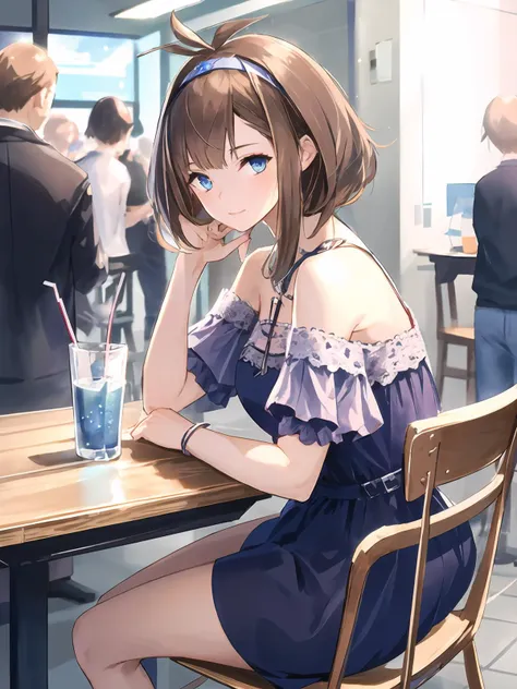 masterpiece,best quality,highres,cinematic lighting,dramatic angle,1girl,brown hair,blue eyes,ahoge,hairband,looking back at viewer,turning head,<lora:ShadowverseShionV2-000013:0.8:lbw=1,0.1,1,0.1,0.1,0.5,0.8,1,0.1,1,1,1,1,1,1,1,1>,purple dress,drinking with straw,handbag,dating,crowd,sitting,chair and desk,sunshade,depth of field,streetscape,close-up,portrait,happy,