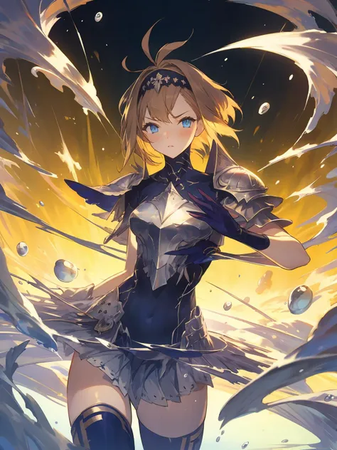 masterpiece,best quality,highres,cinematic lighting,dramatic angle,<lora:ShadowverseShionV1:0.8>  ,1girl,cowboy shot,hairband,blonde hair,ahoge,blue eyes,short hair,looking at viewer,skirt,breastplate,shoulder armor,liquid armor,thighhighs,thick thighs,blue gloves,glowing,magic,serious,blush,dynatic angle,water,depth of field,floating objects