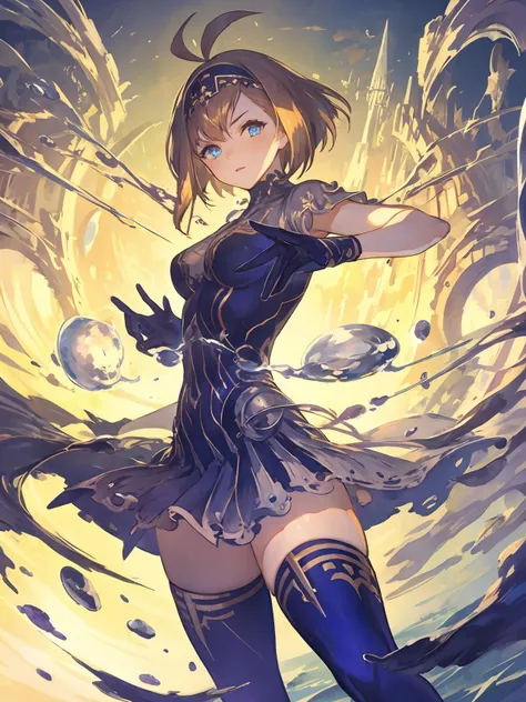 masterpiece,best quality,highres,cinematic lighting,dramatic angle,<lora:ShadowverseShionV1:0.8>  ,1girl,cowboy shot,hairband,blonde hair,ahoge,blue eyes,short hair,looking at viewer,magic,water,skirt,thighhighs,casting spell,thick thighs,blue gloves,glowing,action pose,dynatic angel,depth of field,floating object,serious,from below