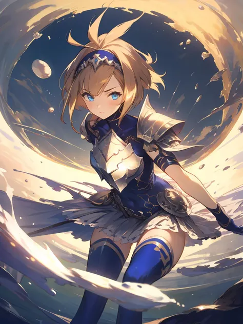 masterpiece,best quality,highres,cinematic lighting,dramatic angle,<lora:ShadowverseShionV1:0.8>  ,1girl,cowboy shot,hairband,blonde hair,ahoge,blue eyes,short hair,looking at viewer,skirt,breastplate,shoulder armor,liquid armor,thighhighs,thick thighs,blue gloves,glowing,magic,serious,blush,dynatic angle,water,depth of field,floating objects