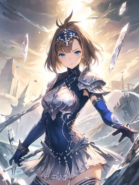 masterpiece,best quality,highres,cinematic lighting,dramatic angle,1girl,brown hair,blue eyes,ahoge,hairband,armor,bodysuit,highleg leotard,liquid clothes,miniskirt,gloves,thighhighs,looking at viewer,<lora:ShadowverseShionV2-000013:0.8:lbw=1,0.1,1,0.1,0.1,0.5,0.8,1,0.1,1,1,1,1,1,1,1,1>,water,magic,floating crystal