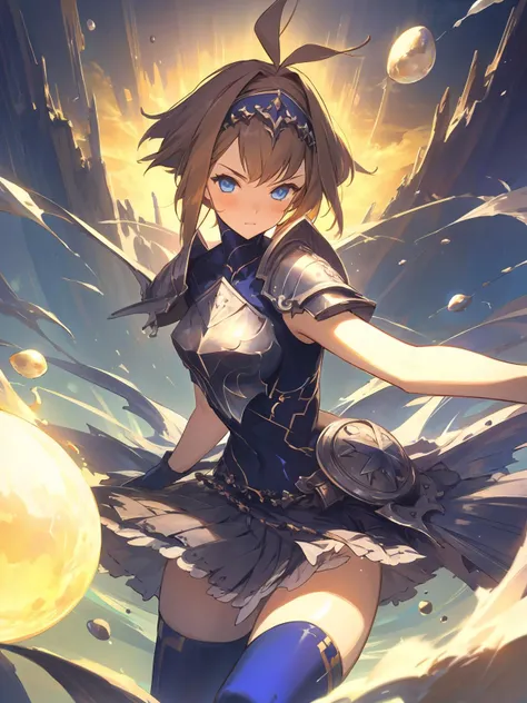 masterpiece,best quality,highres,cinematic lighting,dramatic angle,<lora:ShadowverseShionV1:0.8>  ,1girl,cowboy shot,hairband,blonde hair,ahoge,blue eyes,short hair,looking at viewer,skirt,breastplate,shoulder armor,liquid armor,thighhighs,thick thighs,blue gloves,glowing,magic,serious,blush,dynatic angle,water,depth of field,floating objects