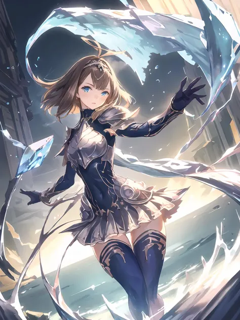 masterpiece,best quality,highres,cinematic lighting,dramatic angle,1girl,brown hair,blue eyes,ahoge,hairband,armor,bodysuit,highleg leotard,liquid clothes,miniskirt,gloves,thighhighs,looking at viewer,<lora:ShadowverseShionV2-000013:0.8:lbw=1,0.1,1,0.1,0.1,0.5,0.8,1,0.1,1,1,1,1,1,1,1,1>,water,magic,floating crystal