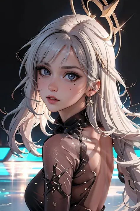 (masterpiece, best quality), 1girl, beautiful face, <lora:Guichen:1> black leotard, black dress,halo, mole above mouth,ice skates,,