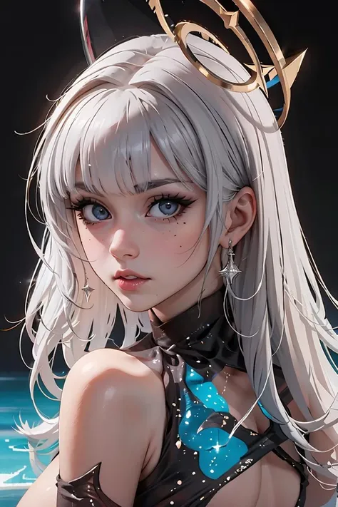 (masterpiece, best quality), 1girl, beautiful face, <lora:Guichen:1> black leotard, black dress,halo, mole above mouth,ice skates,,