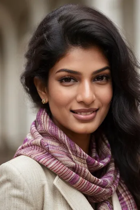 <lora:IN_-_Tina_Desai:0.8> tinadesai, woman, face, close-up, smile, jacket, scarf,