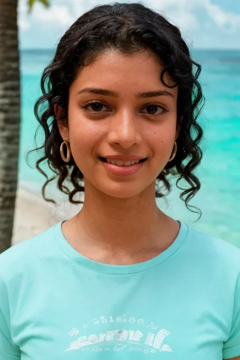 analog film photo solo, realistic, ((woman)), (((curly black hair))), (((smile512))), big smile, silver drop earrings, (((Graphic t-shirt, jogger pants, sneakers))), ((Capture the pristine white sand and impossibly clear turquoise waters of a secluded Maldivian beach, untouched by human presence.)), ((orange pastel theme colorgrading)), <lora:PAseer-SD15-LCM Quick:1> <lora:ReaLora:.2> skin, <lora:ZStyle_-_Photography_Style:.3> zstyle, <lora:IN_-_Tina_Desai:1> tinadesai . faded film, desaturated, 35mm photo, grainy, vignette, vintage, Kodachrome, Lomography, stained, highly detailed, found footage