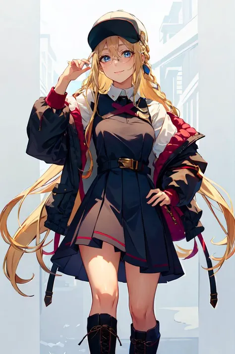 ultra detailed, masterpiece, best quality, solo, soft smile, light smile,
1girl, blue eyes, very long hair, blonde hair, long blonde hair, french braid, bangs, medium breasts,
hair ribbon, <lora:outfit medusaclothing:1> baseball cap, jacket, knee boots, collared shirt, dress,