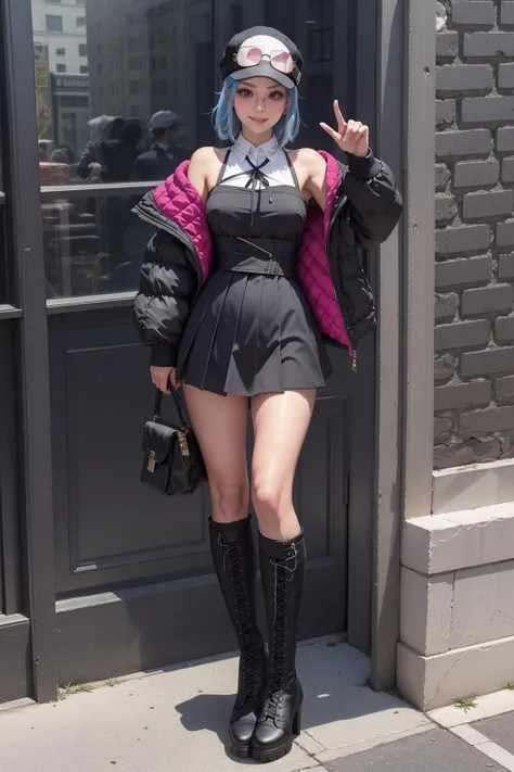 <lora:outfit medusaclothing-000008:1> 1girl, short hair, hat, blue hair, solo, boots, glasses, very long hair, looking at viewer, smile, breasts, black headwear, purple eyes, baseball cap, thighs, dress, black footwear, cross-laced footwear, collared shirt, shirt, knee boots, lace-up boots, long sleeves, jacket, white shirt,pink eyewear, standing