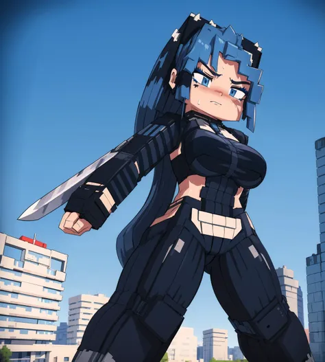 masterpiece, best quality,3d, cgi, octane render, extreme detail, 1girl, blue hair, long straight hair, blue eyes , posing, standing, outside,, angry, frowing, face scars, <lora:mcnsfw_3597:1.2>, mcnsfw,<lora:nanosuit_v10:0.55>, nanosuit, holding sword, wearing armor, ruined city