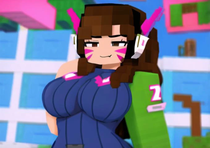 minecraft, RTX, masterpiece, high quality, highres, Hatsune Miku, large full breasts、A slight smile、Outec, top-quality, Official art, ((Huge boobs:1.2)),