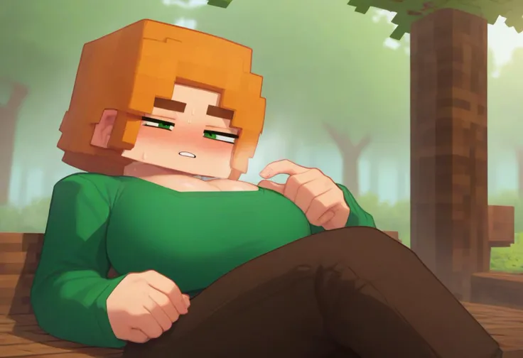 score_9, score_8_up, score_7_up, score_6_up, 1girl, solo, alex, resting next to chopped wood, chopped wood pile, minecraft, wooden block, medium hair, orange hair, green eyes, exhausted, hot breath, sweat, thick eyebrows, huge breasts, green shirt, brown pants, forest, <lora:mcnsfwv7_8dim_pdxl:1>