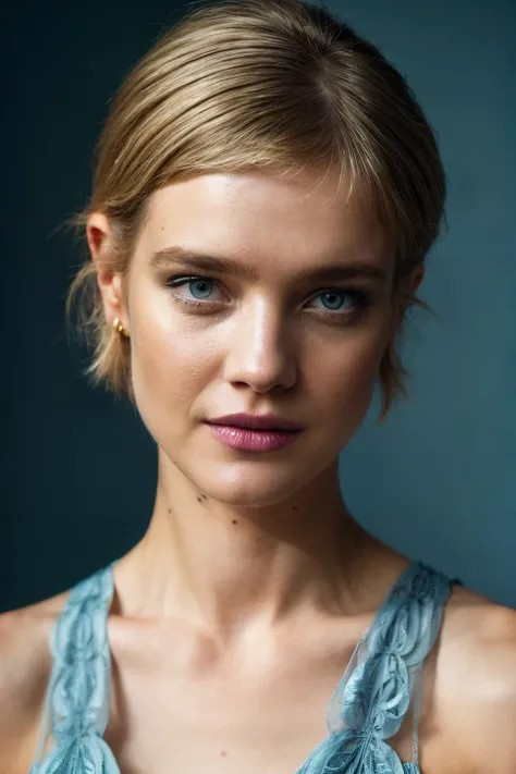 photoshoot of nva, (blonde hair), (pixie cut), , detailed skin texture, (blush:0.2), (goosebumps:0.3), (light blue dress), subsurface scattering, Photorealistic, Hyperrealistic, Hyperdetailed, analog style, hip cocked, demure, detailed skin, matte skin, soft lighting, subsurface scattering, realistic, heavy shadow, masterpiece, best quality, ultra realistic, 8k, golden ratio, Intricate, High Detail, film photography, soft focus,<lyco:NataliaVodianova-RealVision-V1.0:1.0>,