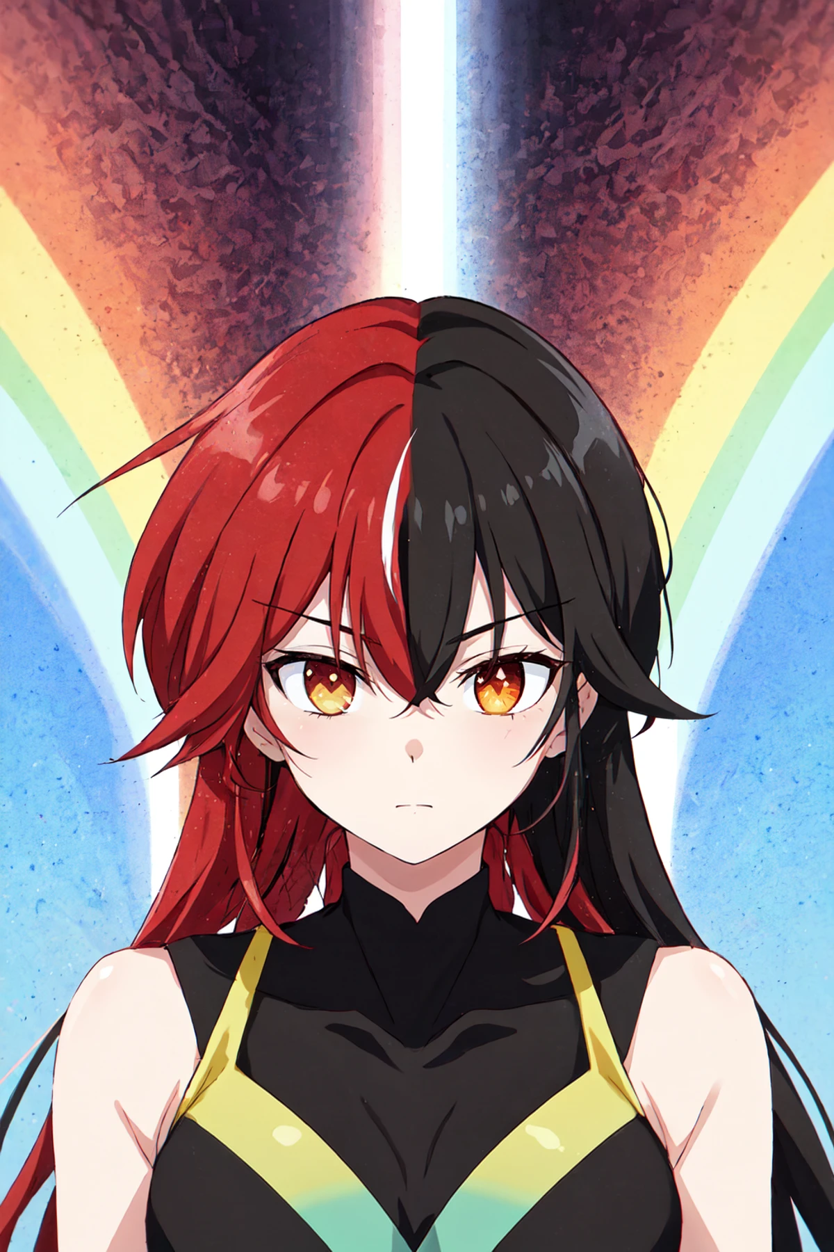 a cartoon girl who has red hair and black hair, in the style of gender bending, dark gray and light amber, rainbowcore, poolcore, sharp/prickly, streaked, photo taken with provia