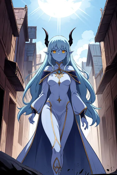 (best quality, highres, masterpiece:1.2), ghibli, (old fantasy world, darkelf, blue_skin:1), (1girl, woman, evil face:1.1), (dynamic cleric, wearing cleric robes:1), (yellow_eyes:1), (light_blue_hair, long_hair, straight_hair:1), (petite body:1), (at gloomy town:1.1),