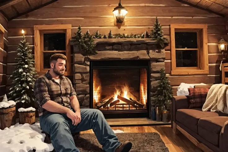 1boy, chubby hairy man in flannel pants sitting in a log cabin, night time, snowfall outside window , fireplace, warm tones, fur rug, wood floors,
