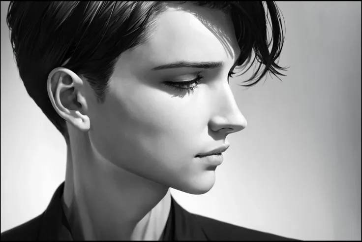 1boy, close up portrait, gorgeous thin androgynous man looking off to the side, white blouse, side profile, photoshoot, strong overhead lighting,moody, black and white, high contrast, photorealism, detailed skin, pores,