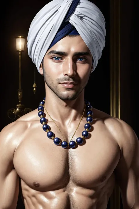 1boy, portrait, close up, handsome young iranian man, detailed skin, 4k, ornate turban, necklace, sparkling eyes, large lips, shiny tan skin, hairy chest