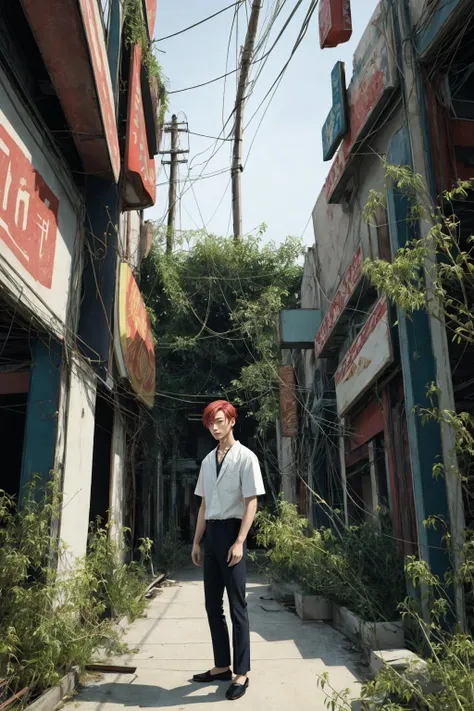 photograph, (beautiful asian man:1.2), red hair, large eyes, standing in front of a dilapidated neon colored las vegas casino that is overgrown in plants, post apocalyptic, solarpunk, wires, sparks, wildlife, vines, plant overgrowth, flora, fauna, sunshine, dust particles, sunbeams, godrays, realistic details, 1980s, retrofuturism, bokeh,