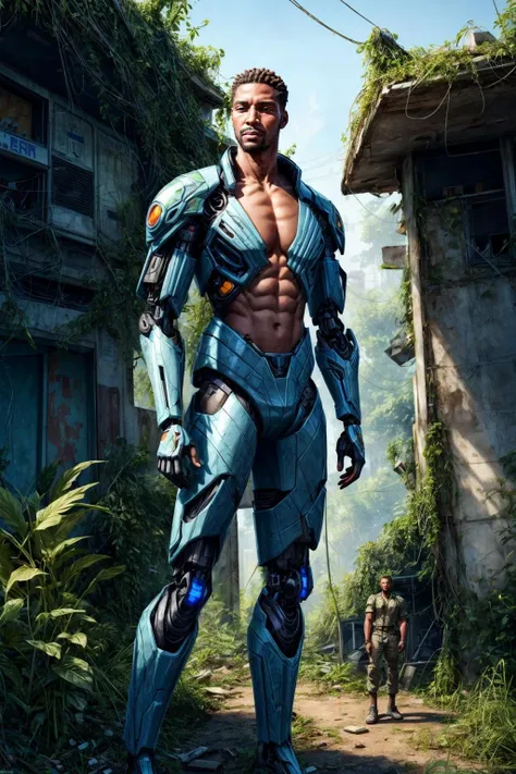 portrait partially destroyed humanoid cyborg with a human face standing in front of a crumbling gas station that is overgrown in plants, (handsome black man:1.2), post apocalyptic, solarpunk, vines, plant overgrowth, flora, fauna, sunshine, dust particles, sunbeans, godrays, realistic details, bokeh,