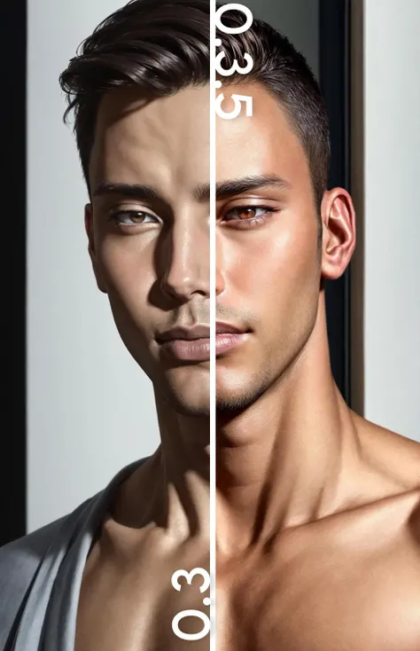 1boy, photograph, portrait, close up, headshot, sexy mixed race male model directly facing camera, detailed skin, pores, dark brown eyes, full lips, pecs, perfectly aligned shot