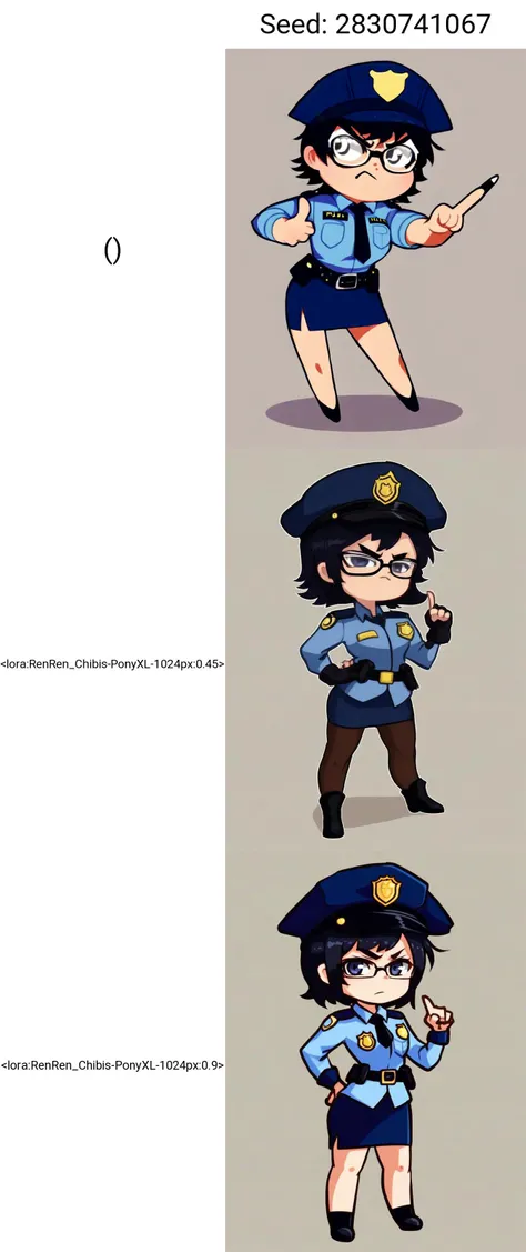 ()
score_5, score_6, chibi, simple background,
1girl, solo, standing, wearing (police uniform, pencil skirt, police cap, short tie), pointing, angry, short black hair, glasses