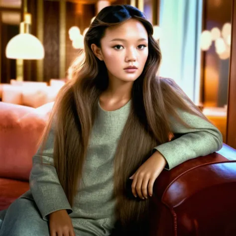 lilychee fashion photo spread, Realistic 8K portrait: woman, long  hair with body, natural skin, pores, wood, hanging lights, 1930s, hotel lobby, sofa,  fashion street wear clothing; dramatic lighting, moody, cinematic colors; hyper-above <lora:fashion_clothes_pose:1>