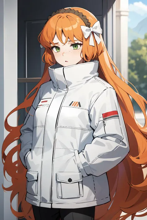 masterpiece, high quality, highres, 1girl, solo, <lora:ishmael-limbus-v4-wasabiya:1> ishmael, very long hair, orange hair, green eyes, freckles, hairband, hair bow, white parka, hands in pockets, high collar, standing,