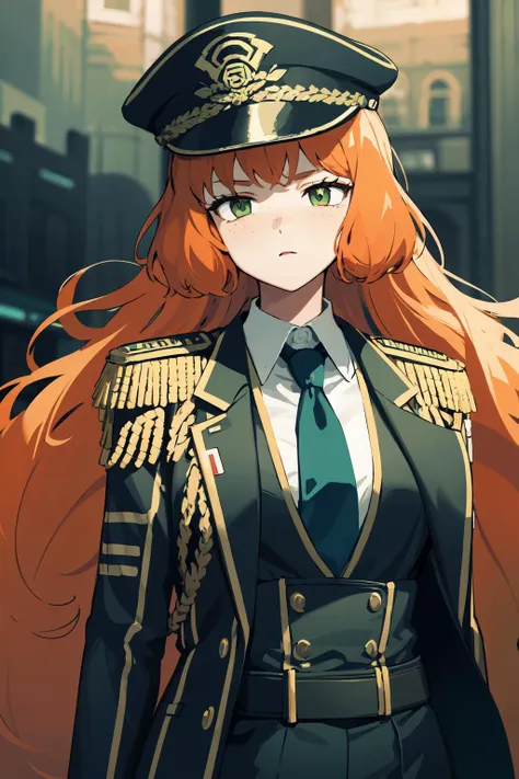 masterpiece, high quality, highres, 1girl, solo, <lora:ishmael-limbus-v4-wasabiya:1> ishmael, very long hair, orange hair, green eyes, freckles,captain-uniform, epaulettes, military hat, green necktie, green colored tips, black jacket, white shirt