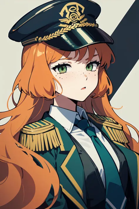 masterpiece, high quality, highres, 1girl, solo, <lora:ishmael-limbus-v4-wasabiya:1> ishmael, very long hair, orange hair, green eyes, freckles,captain-uniform, epaulettes, military hat, green necktie, green colored tips, black jacket, white shirt