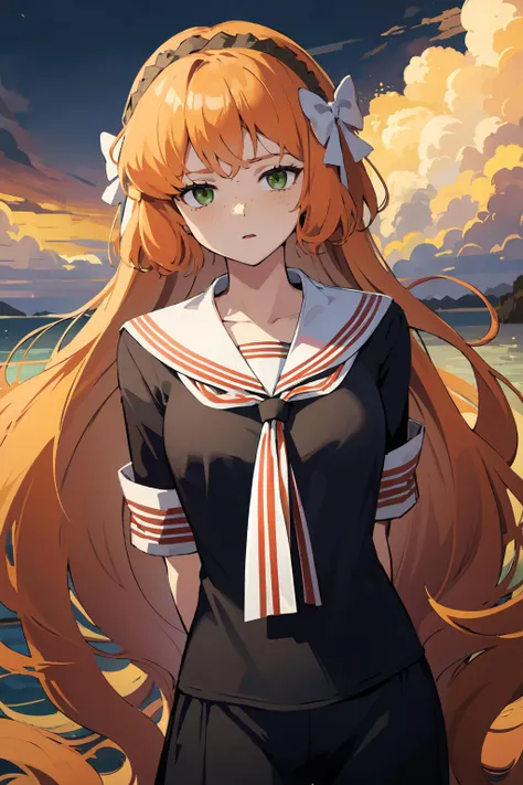 masterpiece, high quality, highres, 1girl, solo, <lora:ishmael-limbus-v4-wasabiya:1> ishmael, very long hair, orange hair, green eyes, freckles, hair bow, hairband, sailor, dark shirt, white sailor collar, arms behind back,