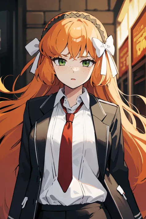 masterpiece, high quality, highres, 1girl, solo <lora:ishmael-limbus-v4-wasabiya:1> ishmael, very long hair, orange hair, green eyes, freckles, hair bow, hairband, uniform, white shirt, black jacket, black vest, red necktie arms behind back