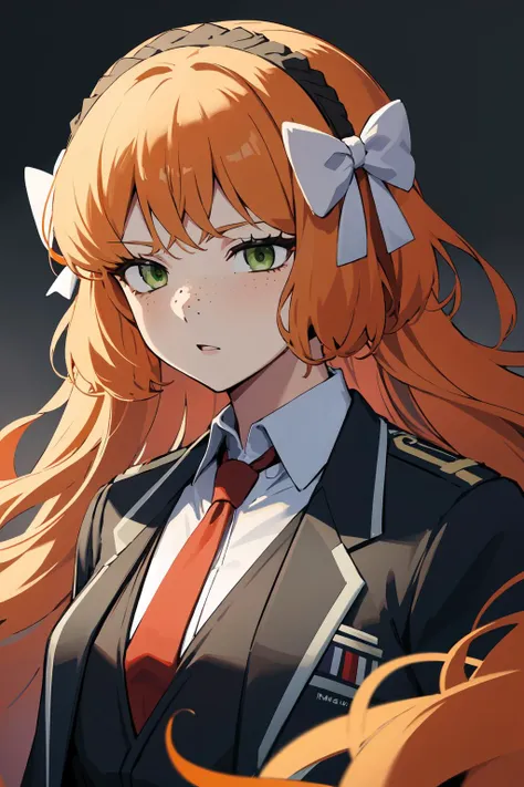 masterpiece, high quality, highres, 1girl, solo <lora:ishmael-limbus-v4-wasabiya:1> ishmael, very long hair, orange hair, green eyes, freckles, hair bow, hairband, uniform, white shirt, black jacket, black vest, red necktie