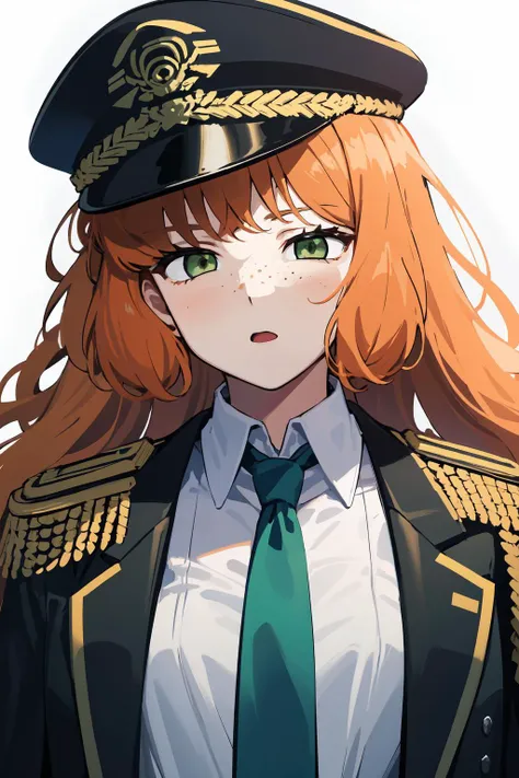 masterpiece, high quality, highres, 1girl, solo, <lora:ishmael-limbus-v4-wasabiya:1> ishmael, very long hair, orange hair, green eyes, freckles,captain-uniform, epaulettes, military hat, green necktie, green colored tips, black jacket, white shirt