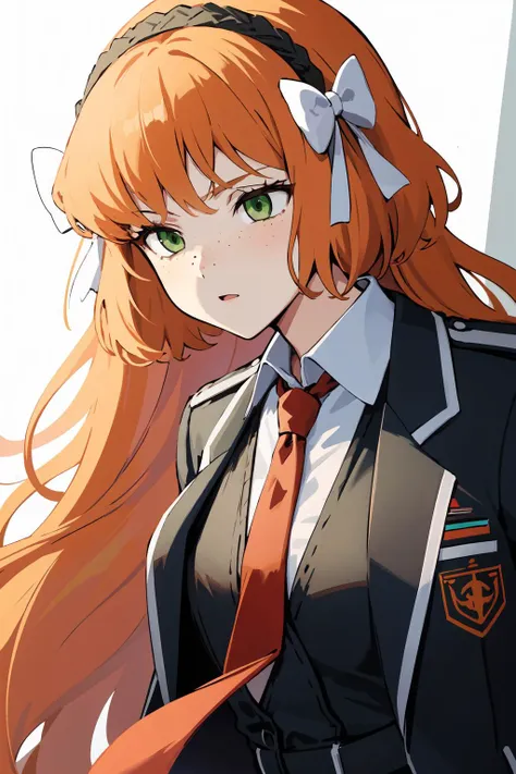 masterpiece, high quality, highres, 1girl, solo <lora:ishmael-limbus-v4-wasabiya:1> ishmael, very long hair, orange hair, green eyes, freckles, hair bow, hairband, uniform, white shirt, black jacket, black vest, red necktie