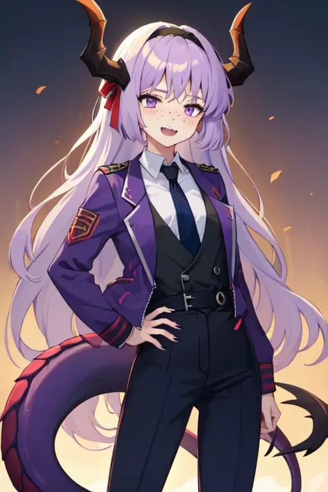 masterpiece, high quality, highres, 1girl, solo, <lora:ishmael-limbus-v4-wasabiya:1> ishmael, very long hair, purple hair, dark purple eyes, freckles, hairband, hair bow, standing, solo, solo focus, one person, female, uniform, crimson shirt, purple jacket, crimson vest, dark blue necktie, violet pants, flat chest, flat breasts, no breasts, proud smile, yandere gaze, blood on hands, claws, fangs, big dragon tail, big dragon horns, lightings aura, empty hands, straight hips