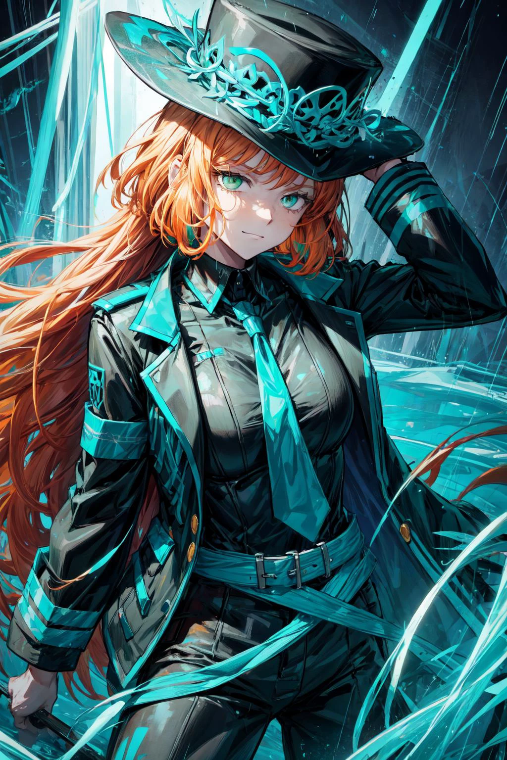 (masterpiece, best quality,best art,perfect detailed coloring:1.4),
(1 perfect girl with sexy body,perfect detail eyes,freckle,serious,frown, staring,smirk:1.3),
perfect detail face, perfect white skin,(multicolored_hair:1.3), orange hair|(green_hair:1.42), curly long hair,
blurry background, breasts, depth of field, glowing,(perfect detail glowing turquoise green eyes:1.3),tight black and glowing green captain-uniform,black jacket, military hat, medium breasts, fringed shoulder straps,
glowing green necktie, neon lights, outdoors, rain, solo, a giant black anchor statue with glowing green stripe,<lora:add_detail:0.99> <lora:ishmael-limbus-v4-wasabiya:1> ishmael, 1girl