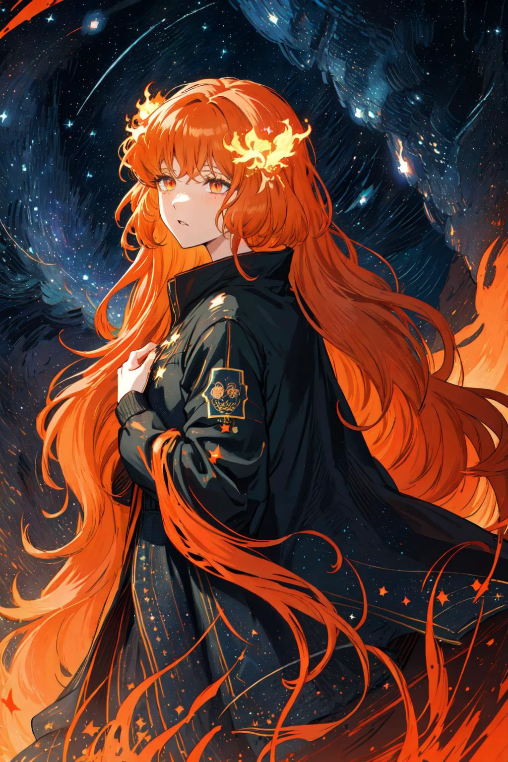 masterpiece, best quality, ultra-detailed, absurdres, particles,(glowing eyes:1.3), depth of field, night, blurry background,beautiful light and shade,
(beautiful starry night sky,burning city background:1.6),
(flame theme,burning,flame clothing,:1.4),
butterfly theme,red and orange,
1girl, red eyes,fiery-form,fiery-butterfly wings on back,
(long wavy hair:1.4),(multicolored hair, orange hair|dark red hair:1.45),
detailed eyes, wide-eyed, eyelashes,moth's feathery antennae, monster girl, outdoors,
<lora:ishmael-limbus-v4-wasabiya:1> ishmael, freckle
<lora:DarkIncursioStyle:0.5> , (dark environment)
