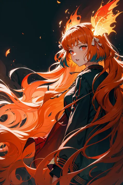 masterpiece, best quality, ultra-detailed, absurdres, particles,glowing eyes, backlighting, depth of field, night, blurry background,beautiful light and shade,
flame theme,moth theme,red theme.orange theme,
1girl,flying, red eyes,huge flame moth's wings on back,
(long wavy hair:1.4),(multicolored_hair:1.5), orange hair|(Crimson hair:1.45),
detailed eyes, wide-eyed, eyelashes, looking at viewer,moth's feathery antennae, monster girl, outdoors,from behind,
<lora:ishmael-limbus-v4-wasabiya:1> ishmael, freckle