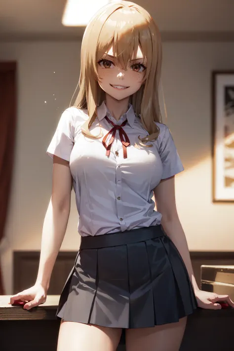 (masterpiece, best quality:1.2), <lora:gleipnir_aoki-10:0.8>, cowboy shot, solo, 1girl, aoki clair, grin, looking at viewer, jitome, bent over, white collared shirt, red neck ribbon, short sleeves, pleated skirt